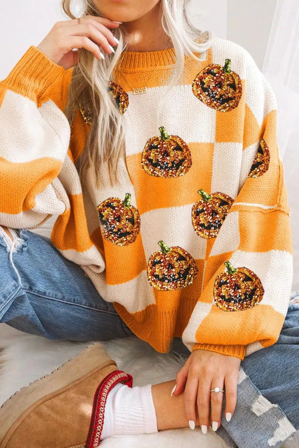 Pumpkin Checkered Round Neck Long Sleeve Sweater.