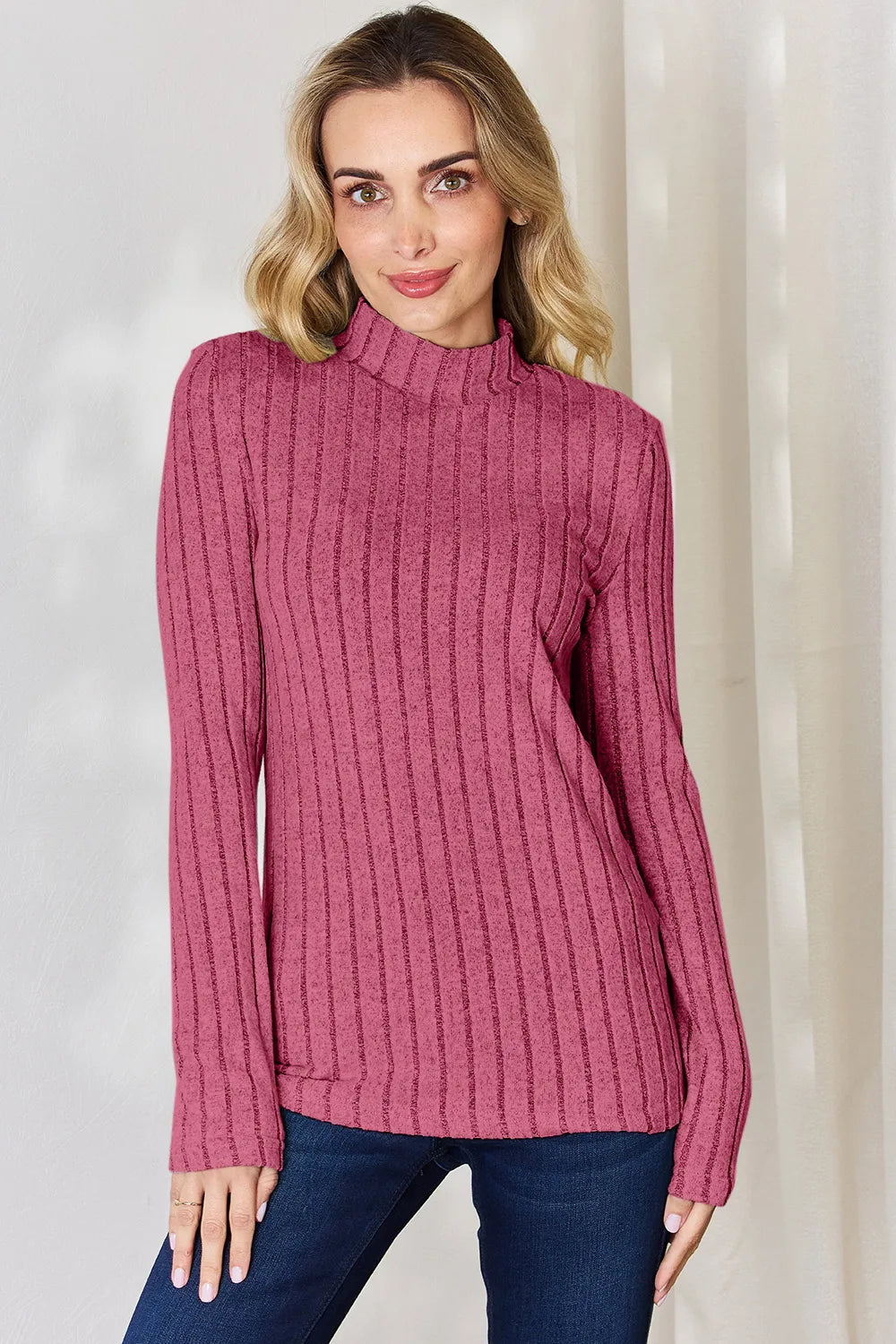 Basic Bae Full Size Ribbed Mock Neck Long Sleeve T-Shirt.