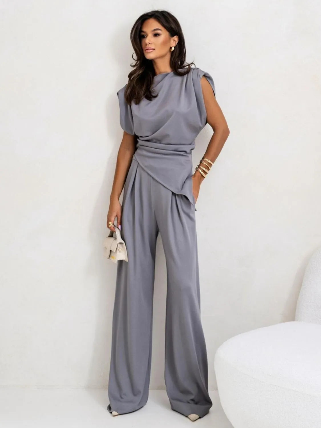 Slit Ruched Top and Wide Leg Pants Set.