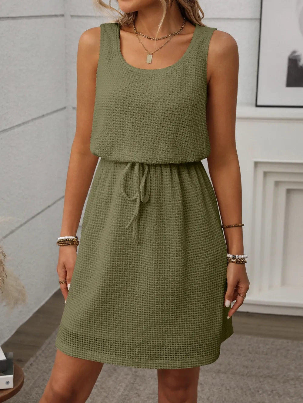 Waffle-Knit Drawstring Mini Tank Dress.