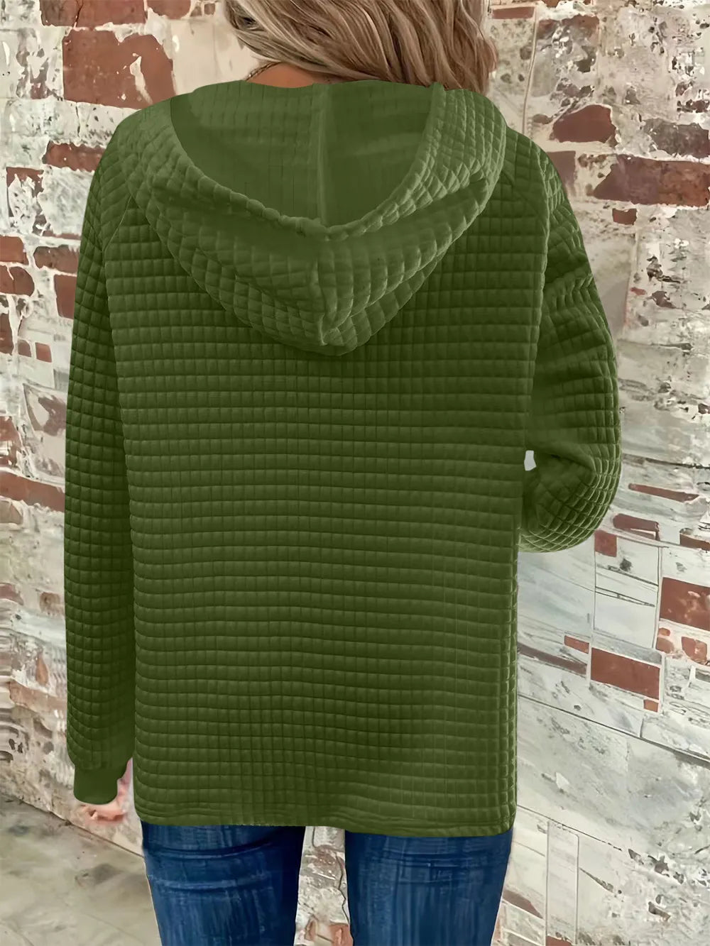 Full Size Texture Button Detail Drawstring Long Sleeve Hoodie.