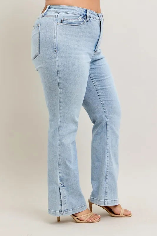 Judy Blue Full Size Tummy Control Vintage Wash Side Slit Slim Boot Jeans Plus Size.