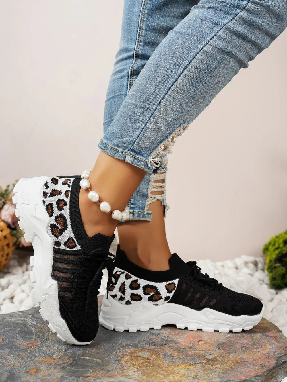 Cutout Leopard Lace Up Mesh Athletic.