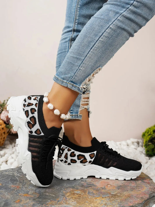 Cutout Leopard Lace Up Mesh Athletic.