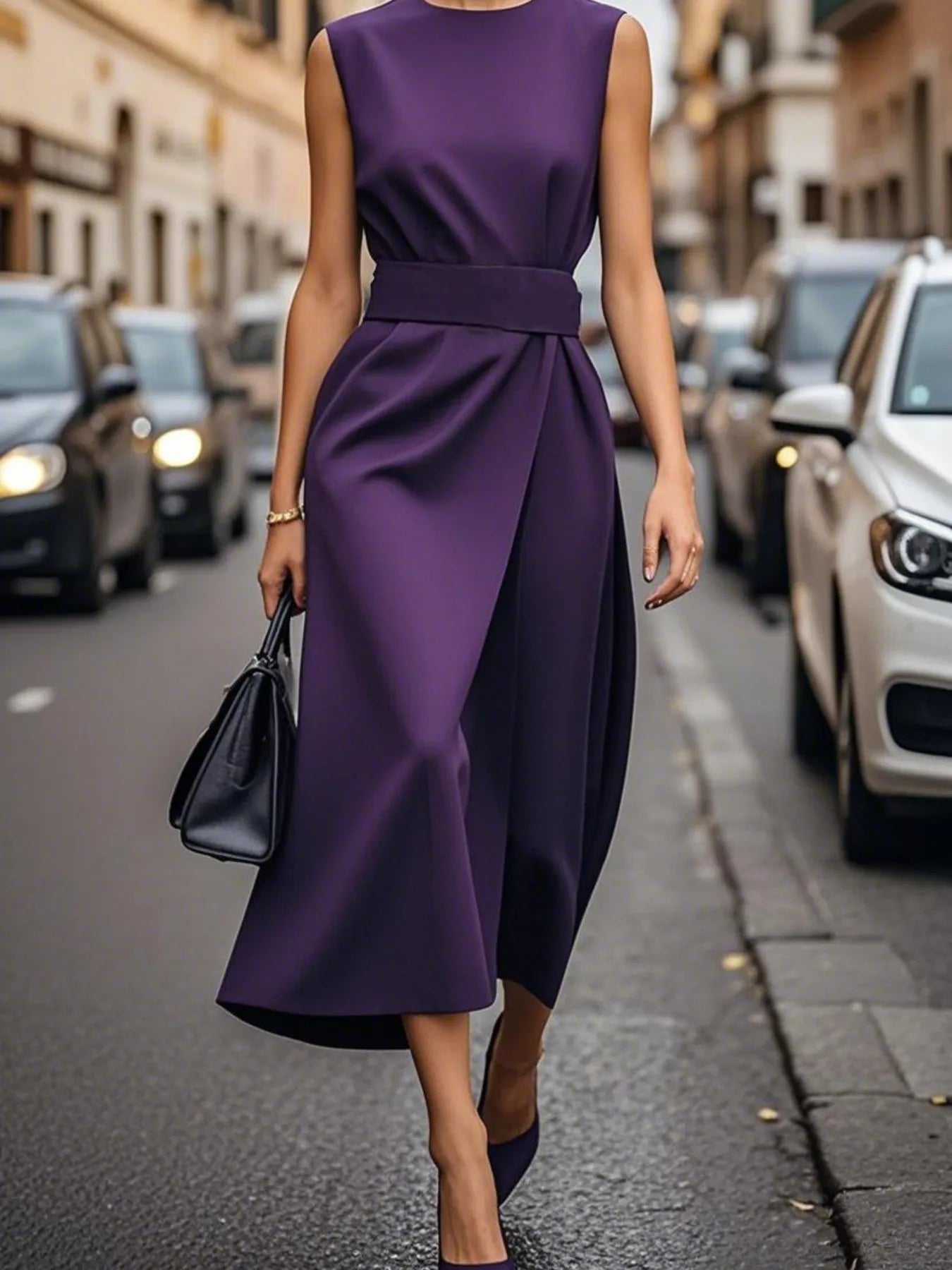 Round Neck Sleeveless Midi Sheath Dress.