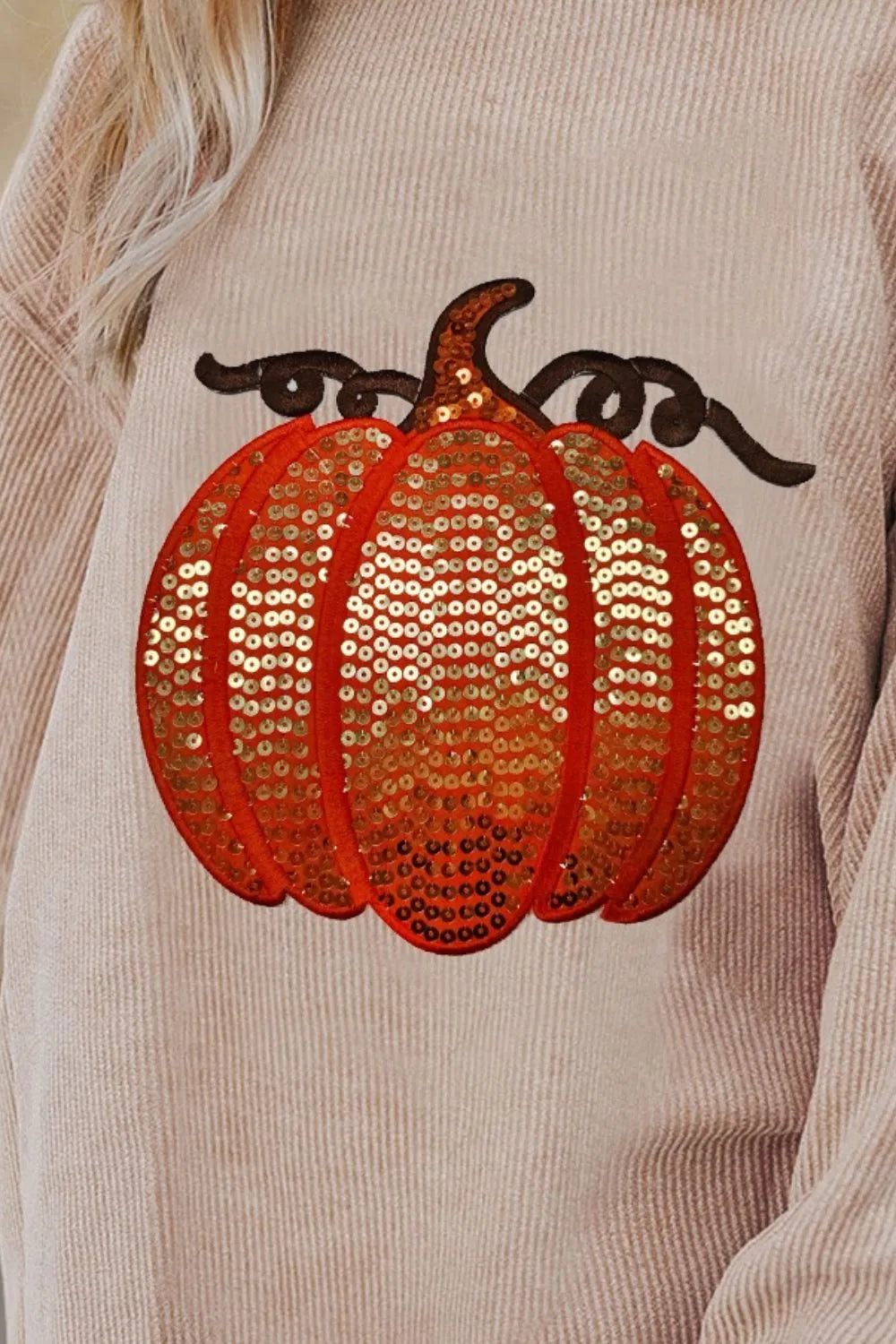 Sequin Pumpkin Round Neck Long Sleeve Sweatshirt.