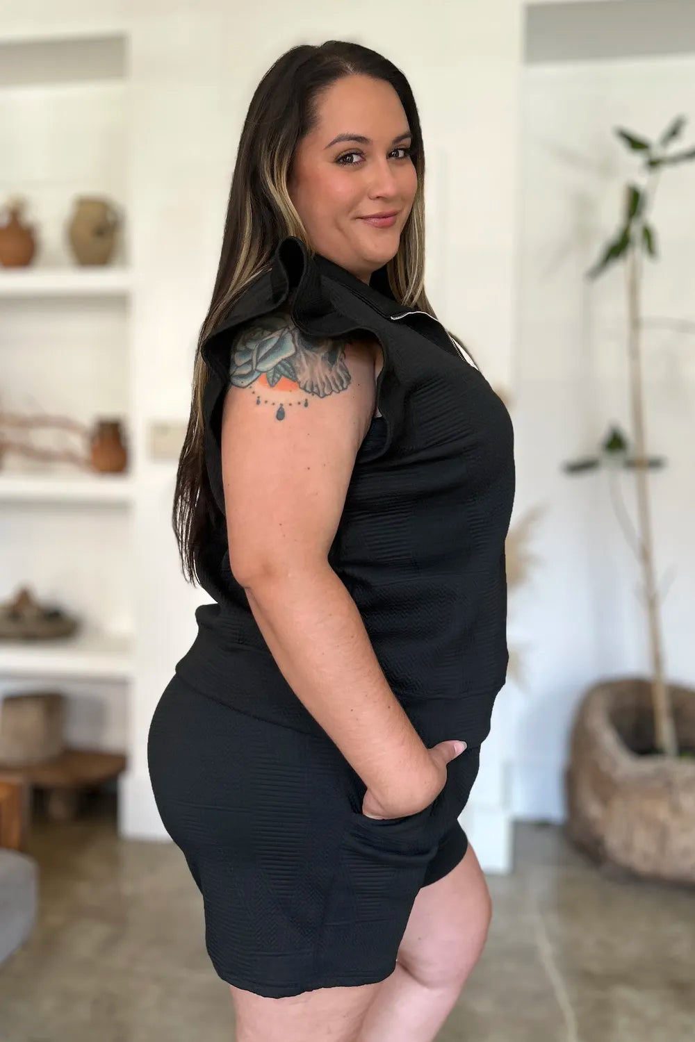 Double Take Full Size Texture Flounce Sleeve Top and Shorts Set.