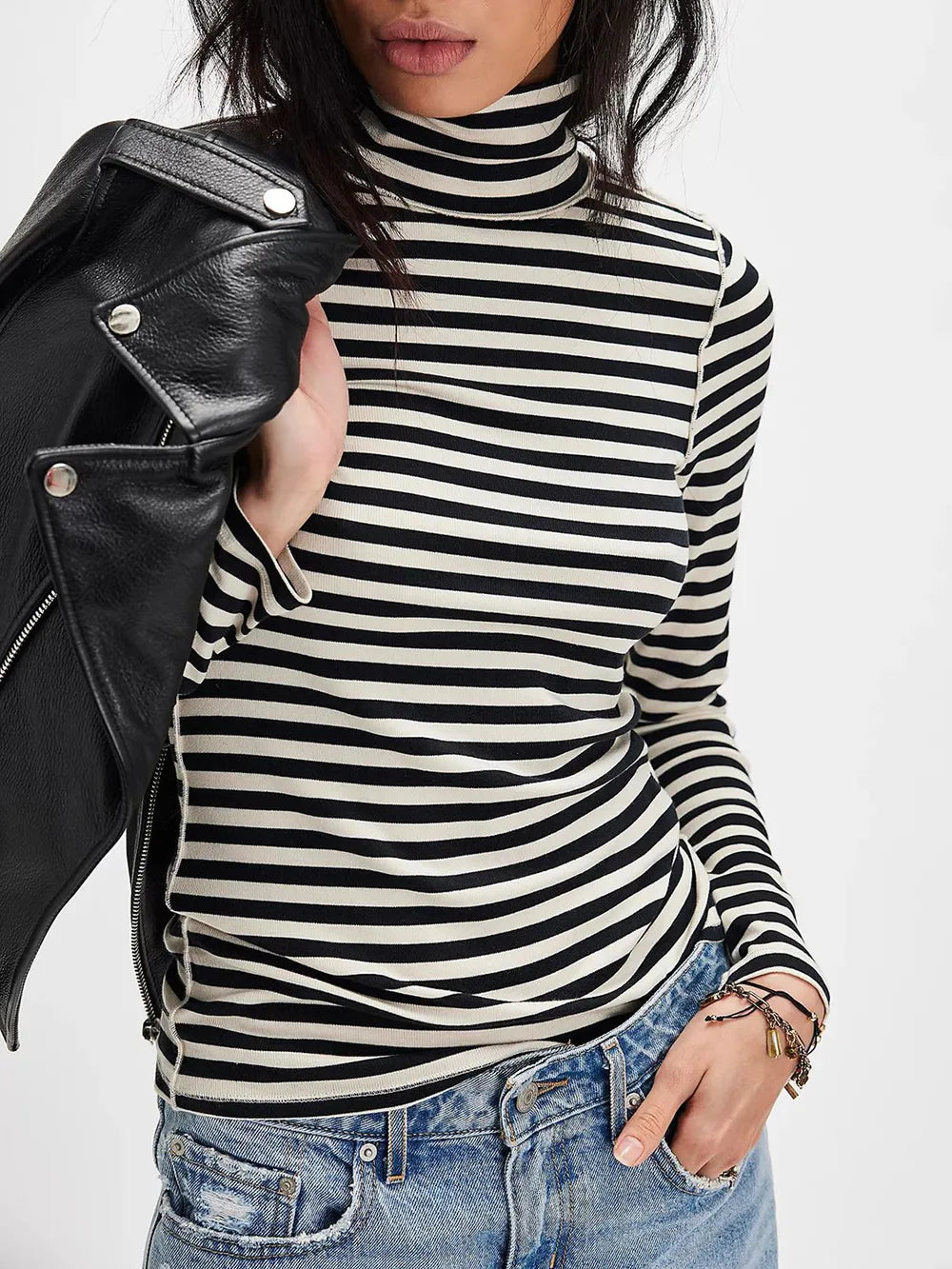 Exposed Seam Striped Turtleneck Long Sleeve T-Shirt.