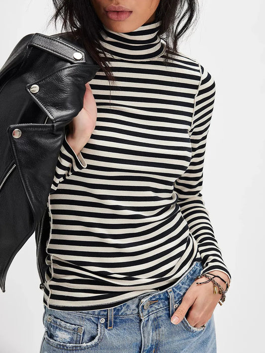 Exposed Seam Striped Turtleneck Long Sleeve T-Shirt.