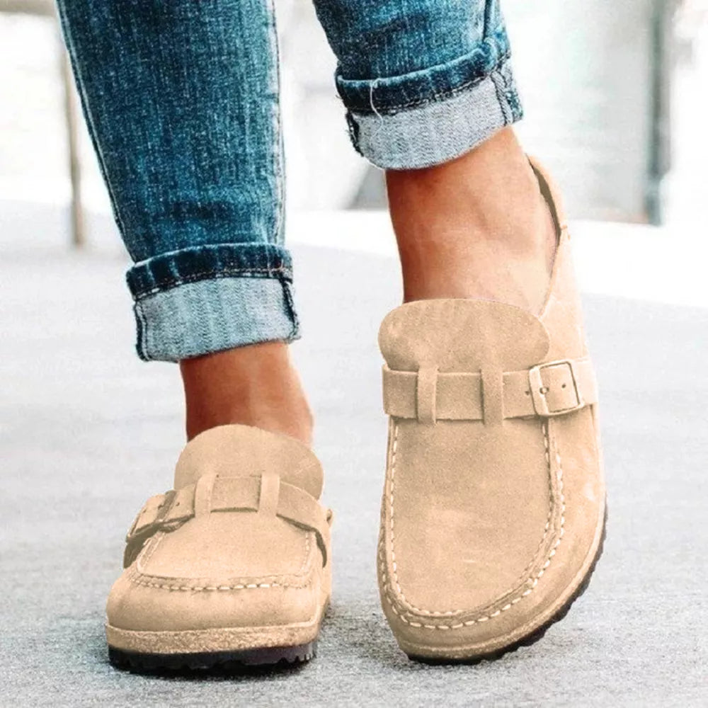 Round Toe Low Heel Buckle Loafers.