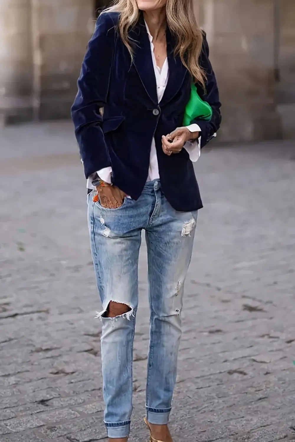 One Button Lapel Collar Long Sleeve Blazer.