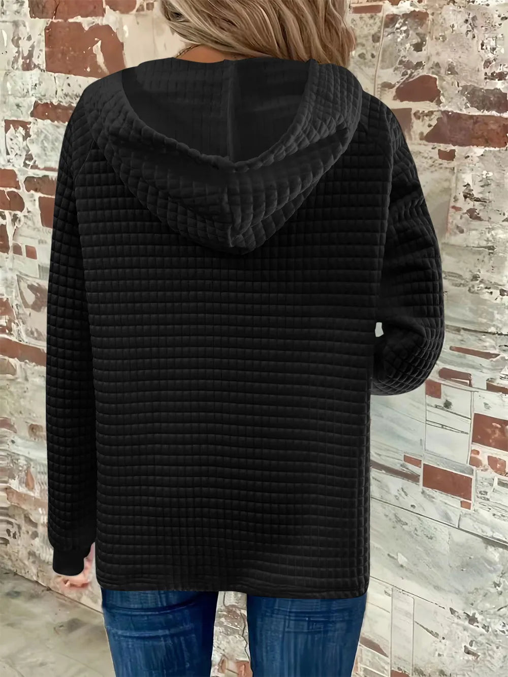 Full Size Texture Button Detail Drawstring Long Sleeve Hoodie.