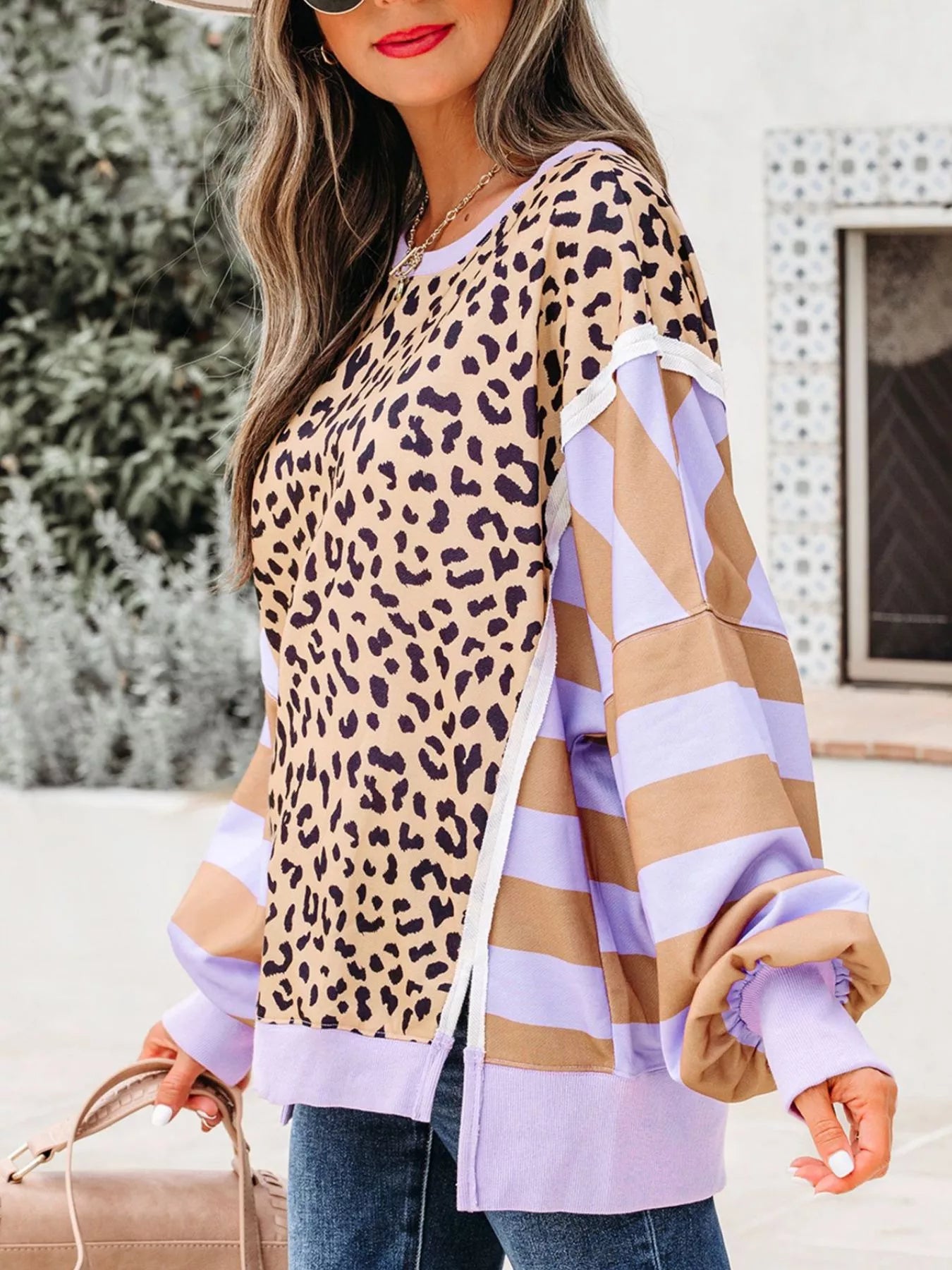 Stripe Color Block Patchwork Leopard Casual Sweatshirt with Slits.