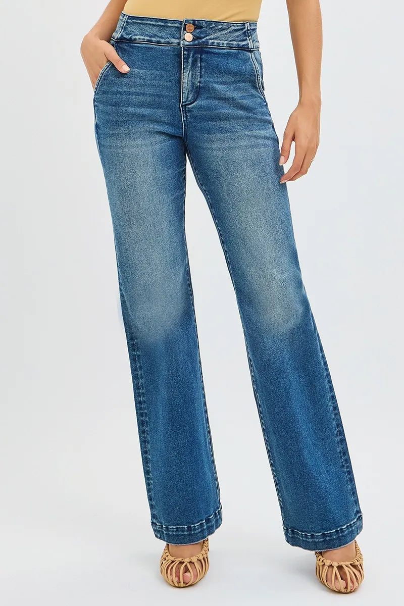 RISEN Full Size Tummy Control High Rise Bootcut Jeans with Double Button Waistband Plus Size.