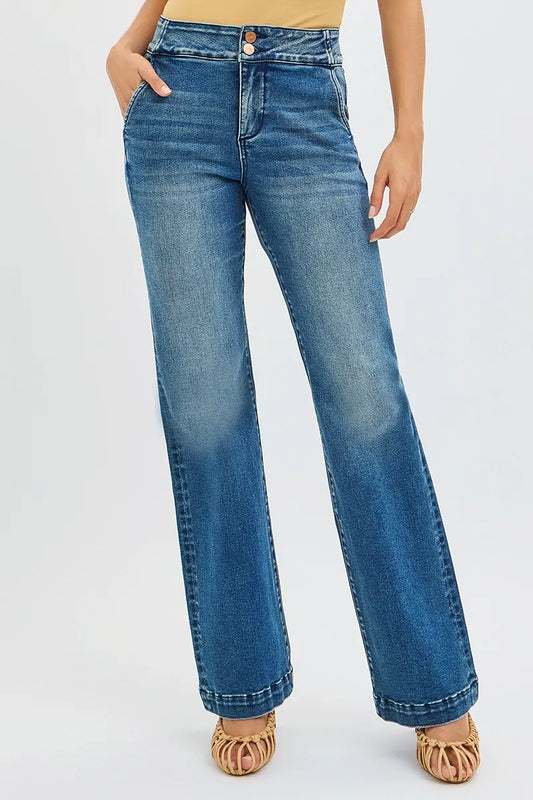 RISEN Full Size Tummy Control High Rise Bootcut Jeans with Double Button Waistband Plus Size.