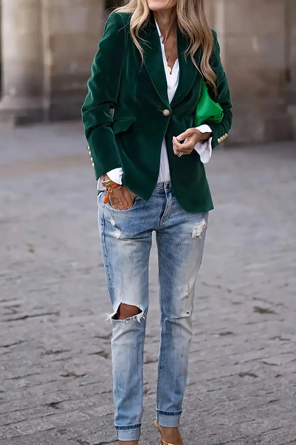 One Button Lapel Collar Long Sleeve Blazer.