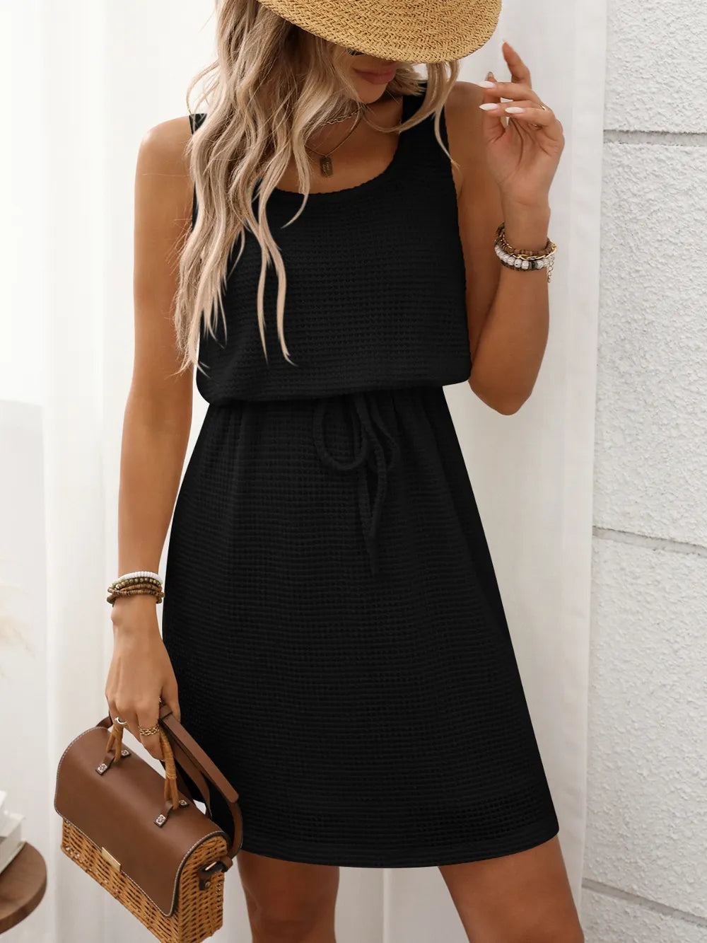 Waffle-Knit Drawstring Mini Tank Dress.