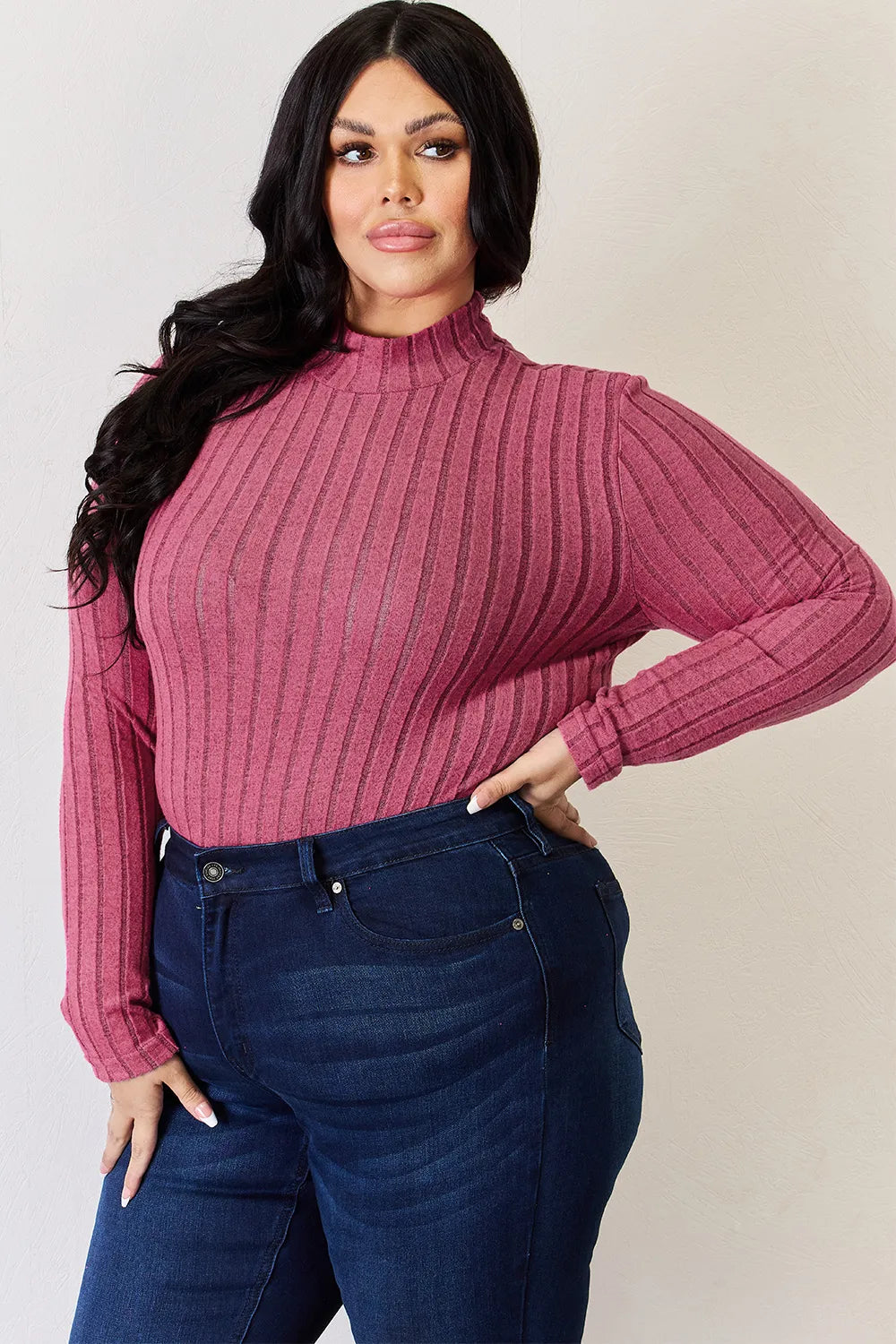 Basic Bae Full Size Ribbed Mock Neck Long Sleeve T-Shirt.