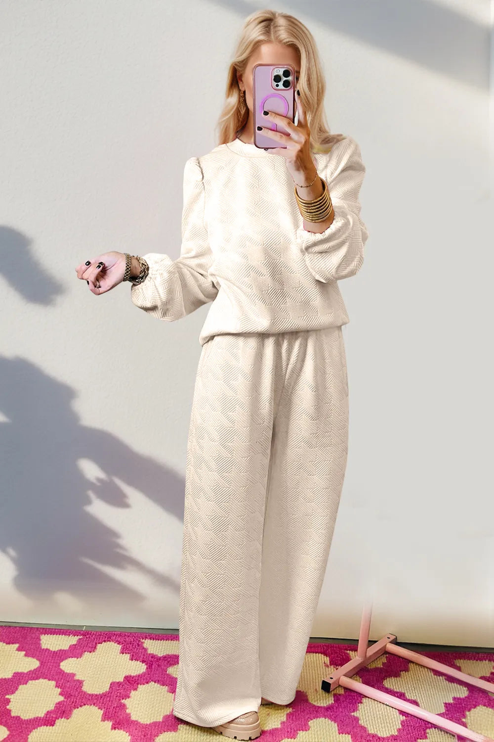 Double Take Texture Long Sleeve Top and Wide Leg Pants Set.