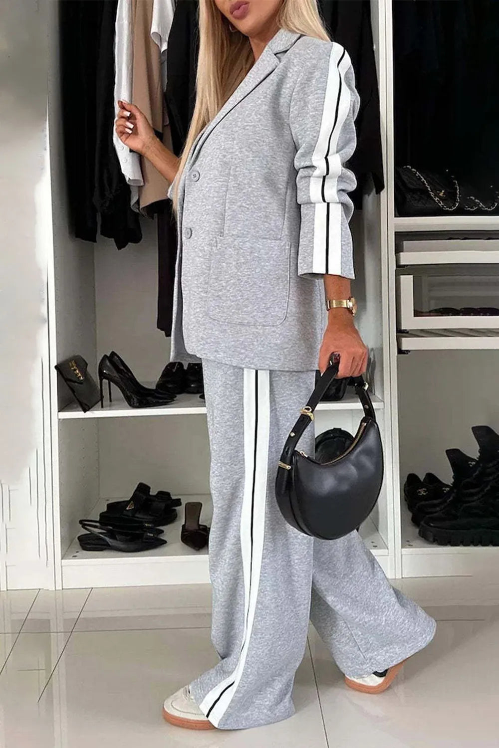 Full Size Contrast Lapel Collar Top and Pants Set.