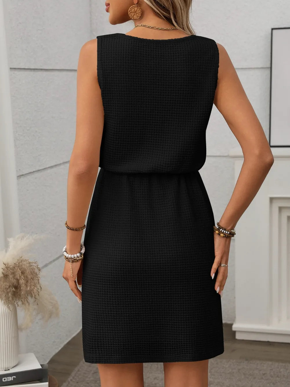 Waffle-Knit Drawstring Mini Tank Dress.