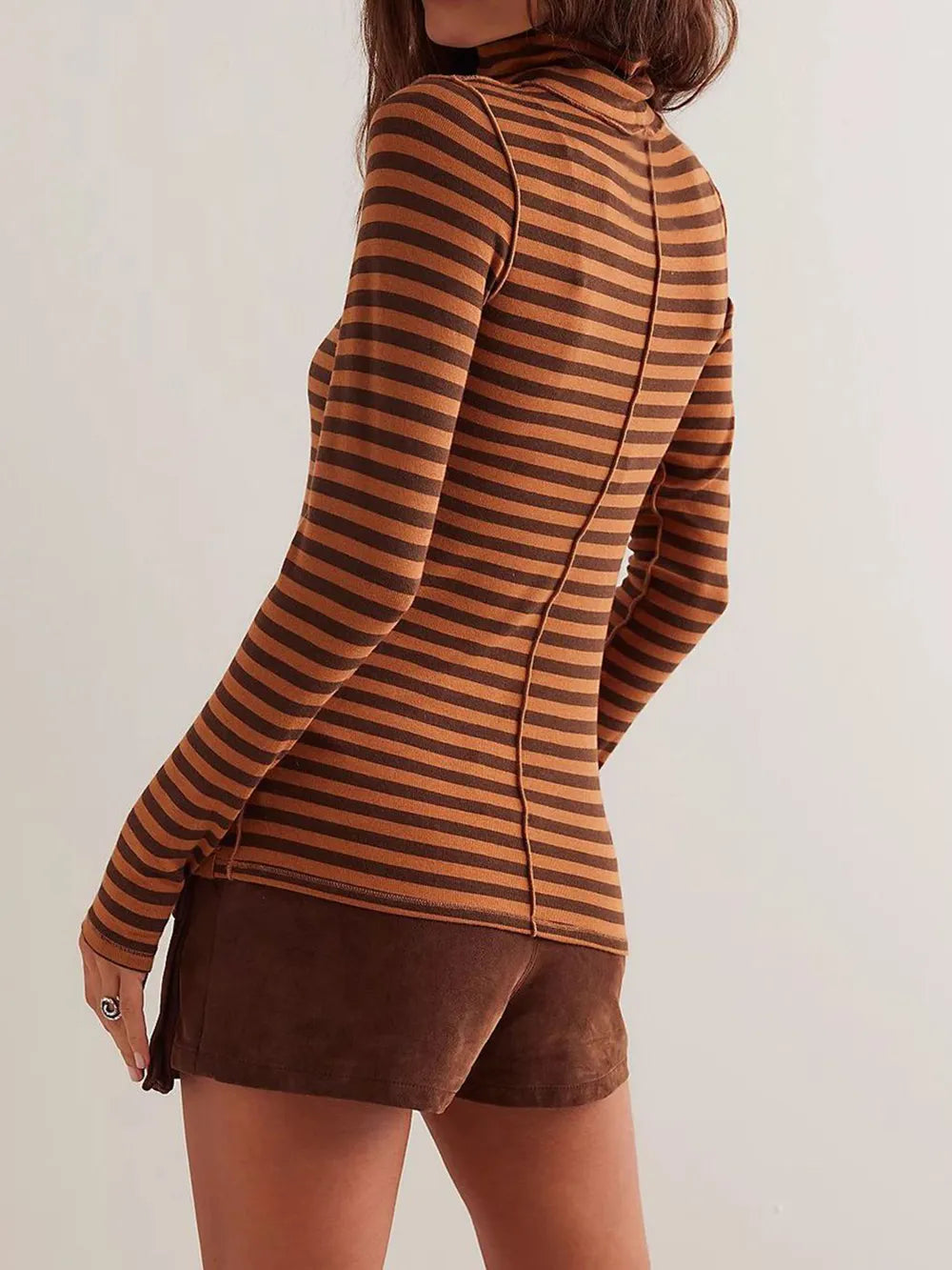 Exposed Seam Striped Turtleneck Long Sleeve T-Shirt.