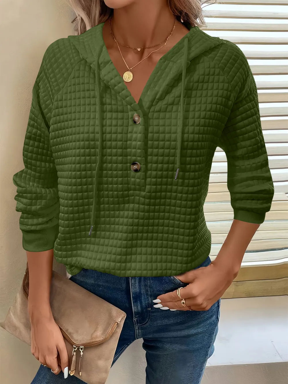 Full Size Texture Button Detail Drawstring Long Sleeve Hoodie.