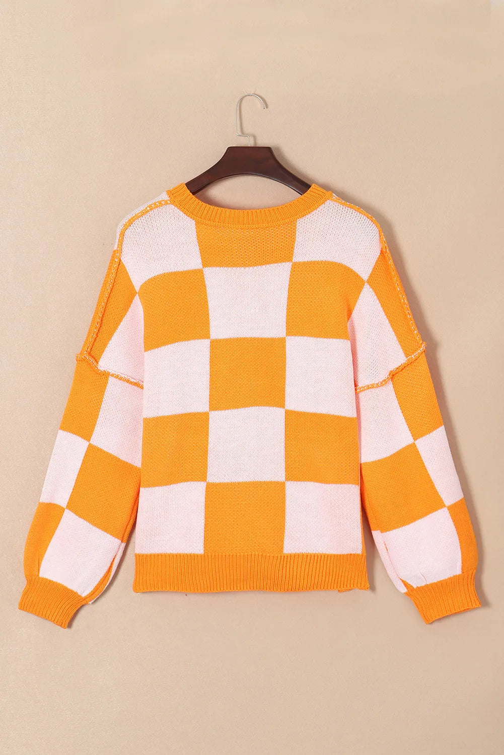 Pumpkin Checkered Round Neck Long Sleeve Sweater.