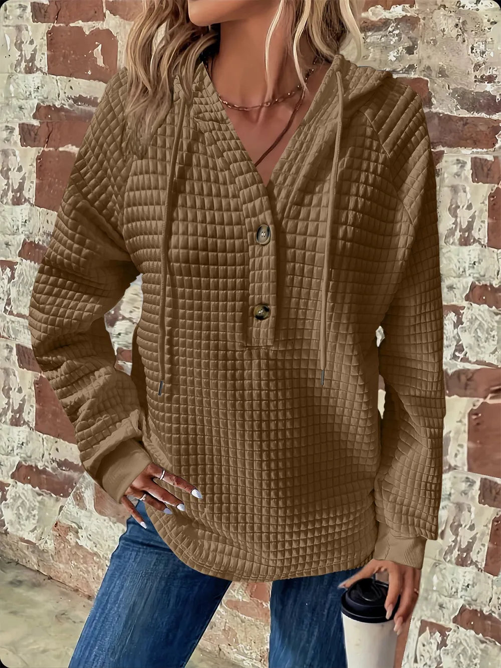 Full Size Texture Button Detail Drawstring Long Sleeve Hoodie.