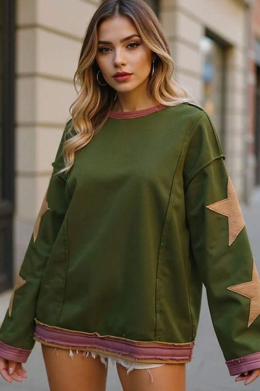 Double Take Star Patched Long Sleeve Sweatshirt.