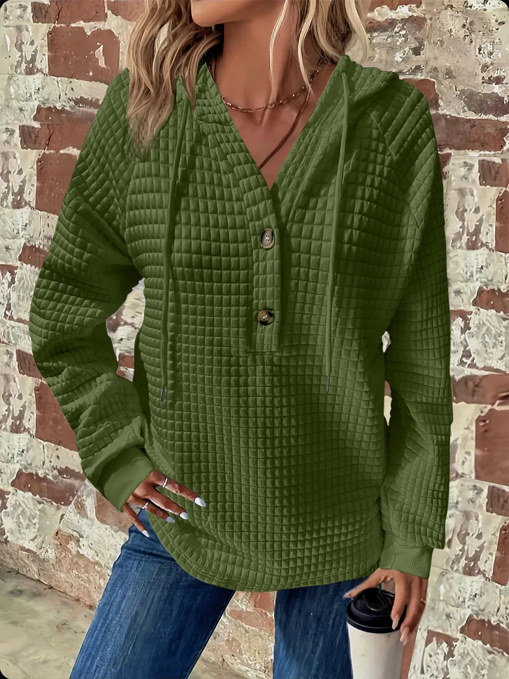 Full Size Texture Button Detail Drawstring Long Sleeve Hoodie.