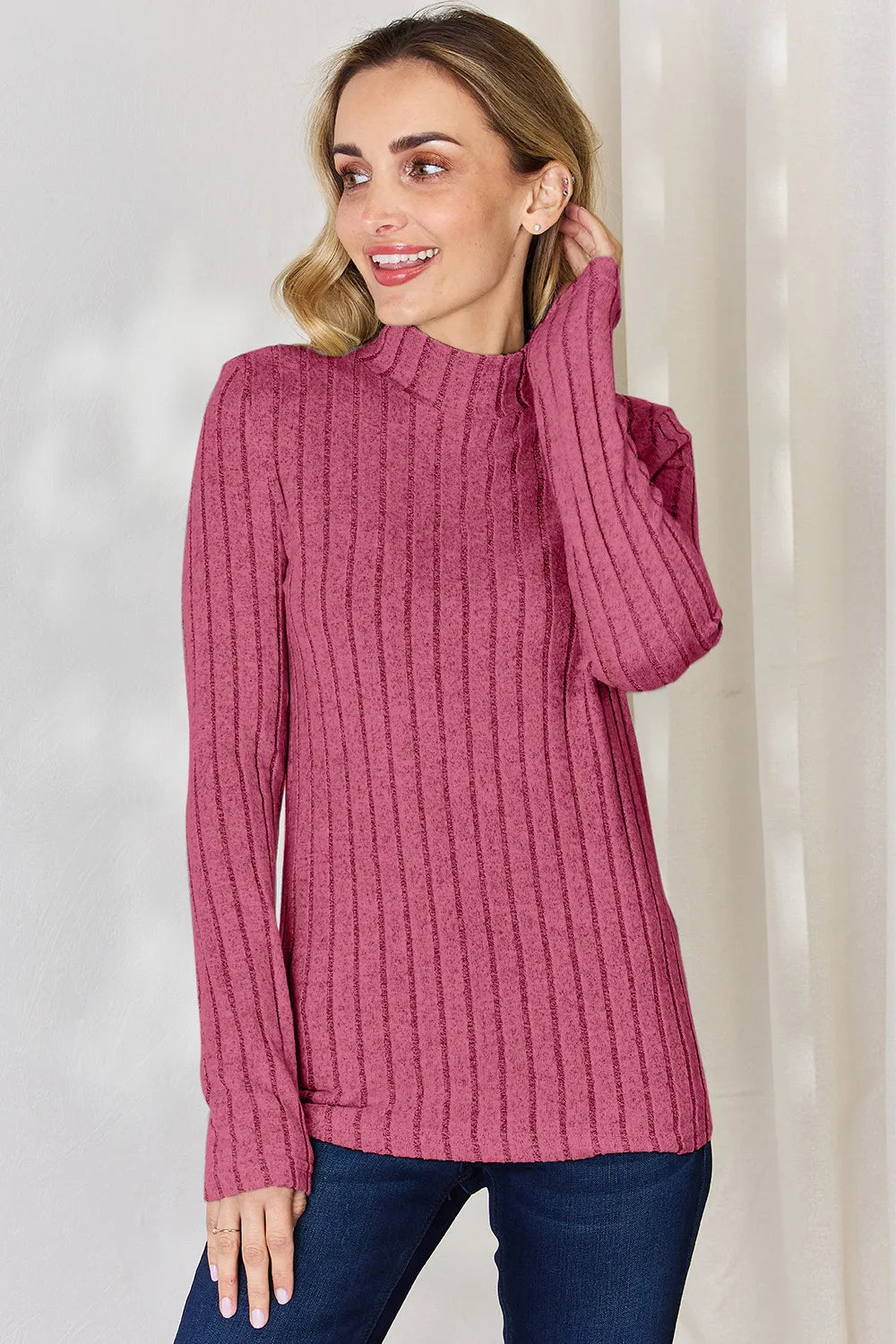 Basic Bae Full Size Ribbed Mock Neck Long Sleeve T-Shirt.