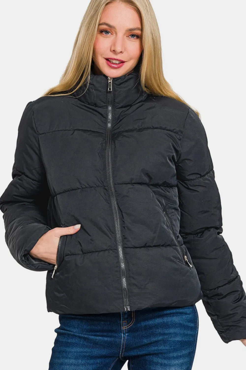 Zenana Zip Up Turtleneck Puffer Jacket with Pockets.