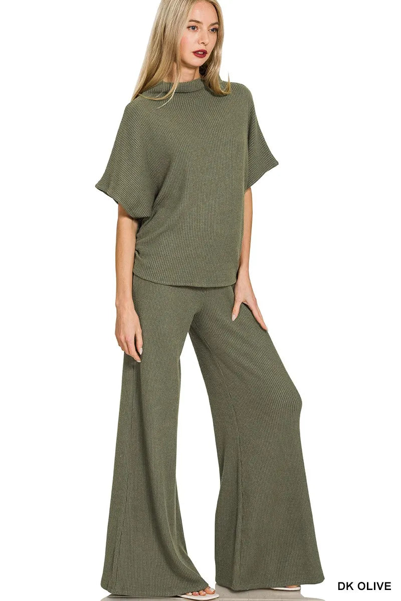 Zenana Mock Neck Top and Pants Sweater Set.