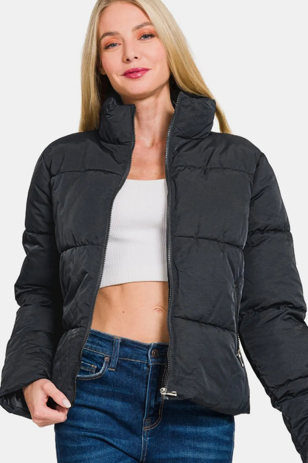 Zenana Zip Up Turtleneck Puffer Jacket with Pockets.