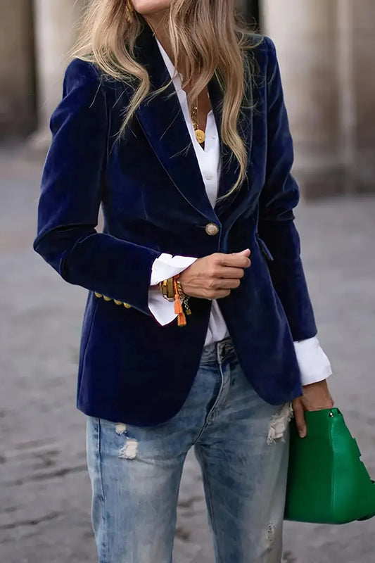 One Button Lapel Collar Long Sleeve Blazer.