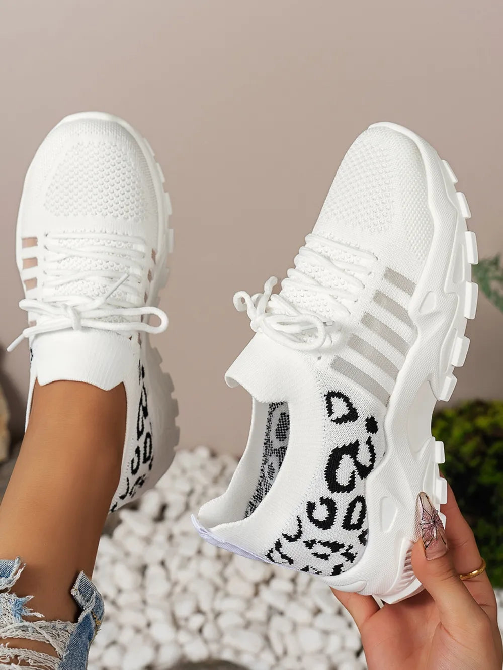 Cutout Leopard Lace Up Mesh Athletic.