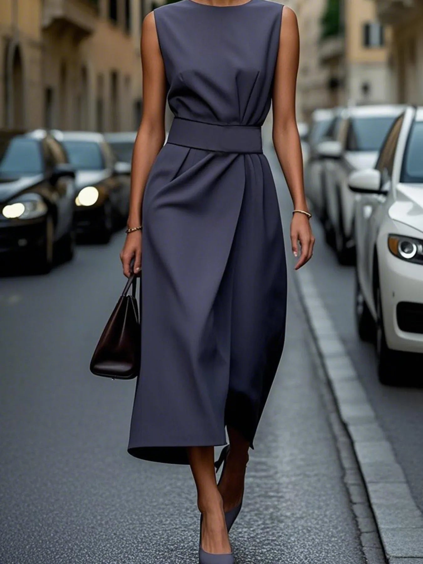 Round Neck Sleeveless Midi Sheath Dress.