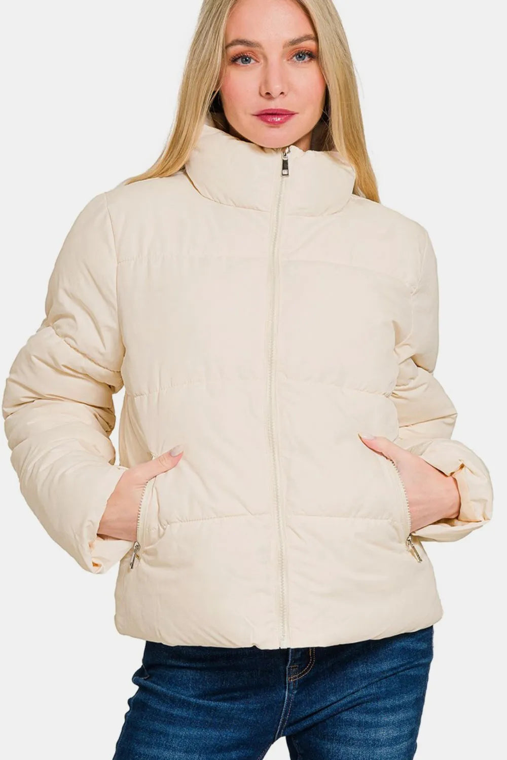 Zenana Zip Up Turtleneck Puffer Jacket with Pockets.