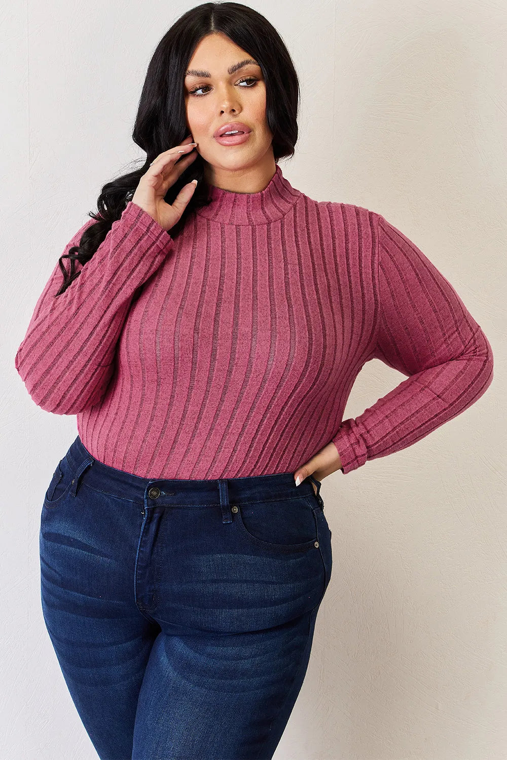 Basic Bae Full Size Ribbed Mock Neck Long Sleeve T-Shirt.