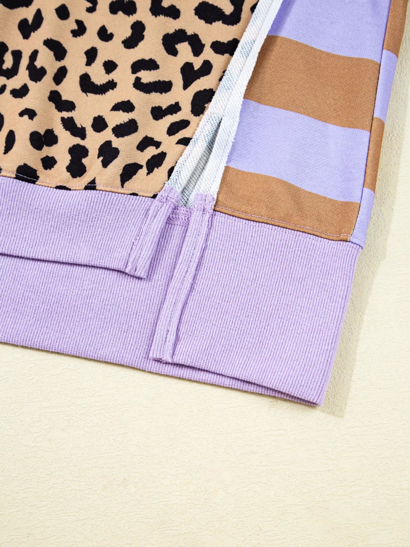 Stripe Color Block Patchwork Leopard Casual Sweatshirt with Slits.