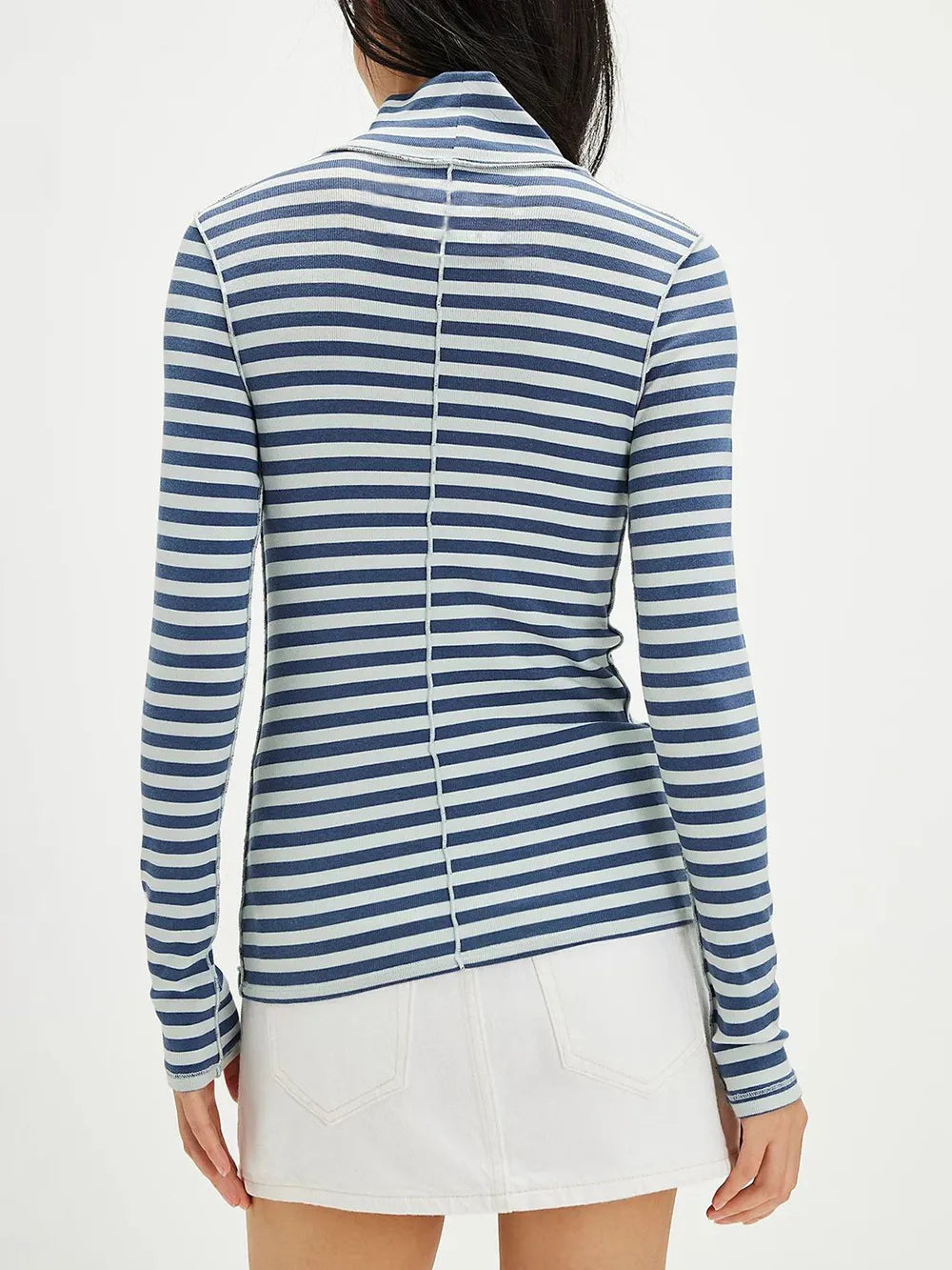 Exposed Seam Striped Turtleneck Long Sleeve T-Shirt.