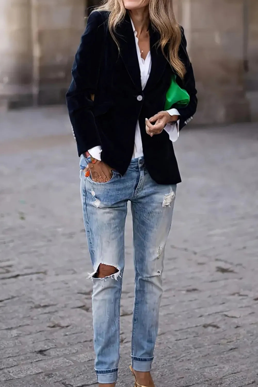 One Button Lapel Collar Long Sleeve Blazer.